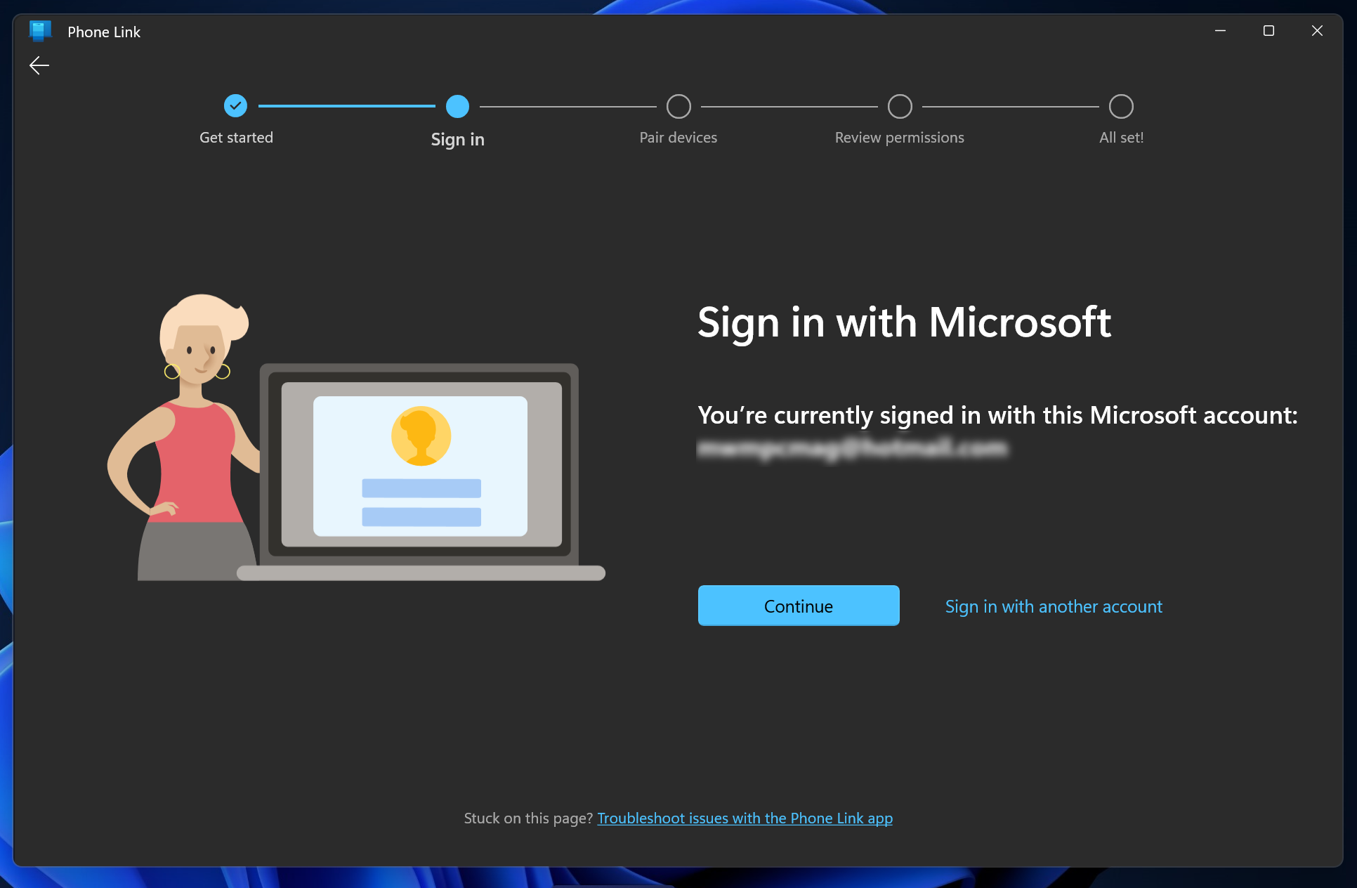 Step 3 of www.aka.ms/LinkPhoneQR: Sign in with the same Microsoft account on both devices.