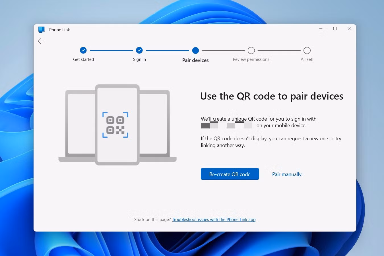 QR code displayed on Windows 11 PC for pairing with Phone Link app
