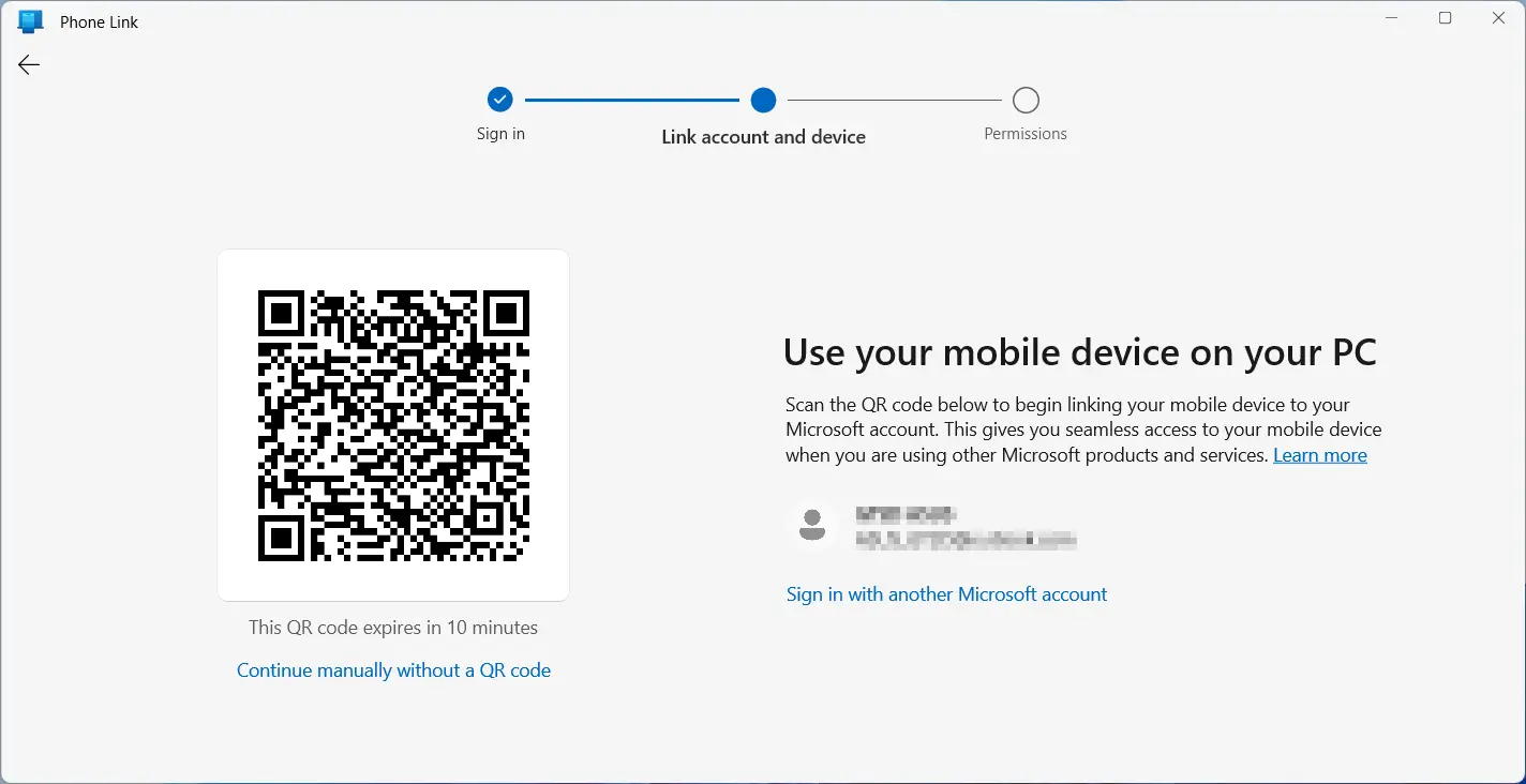 Step 1 of www.aka.ms/LinkPhoneQR: On your PC, open Phone Link and select “Pair with QR code.”